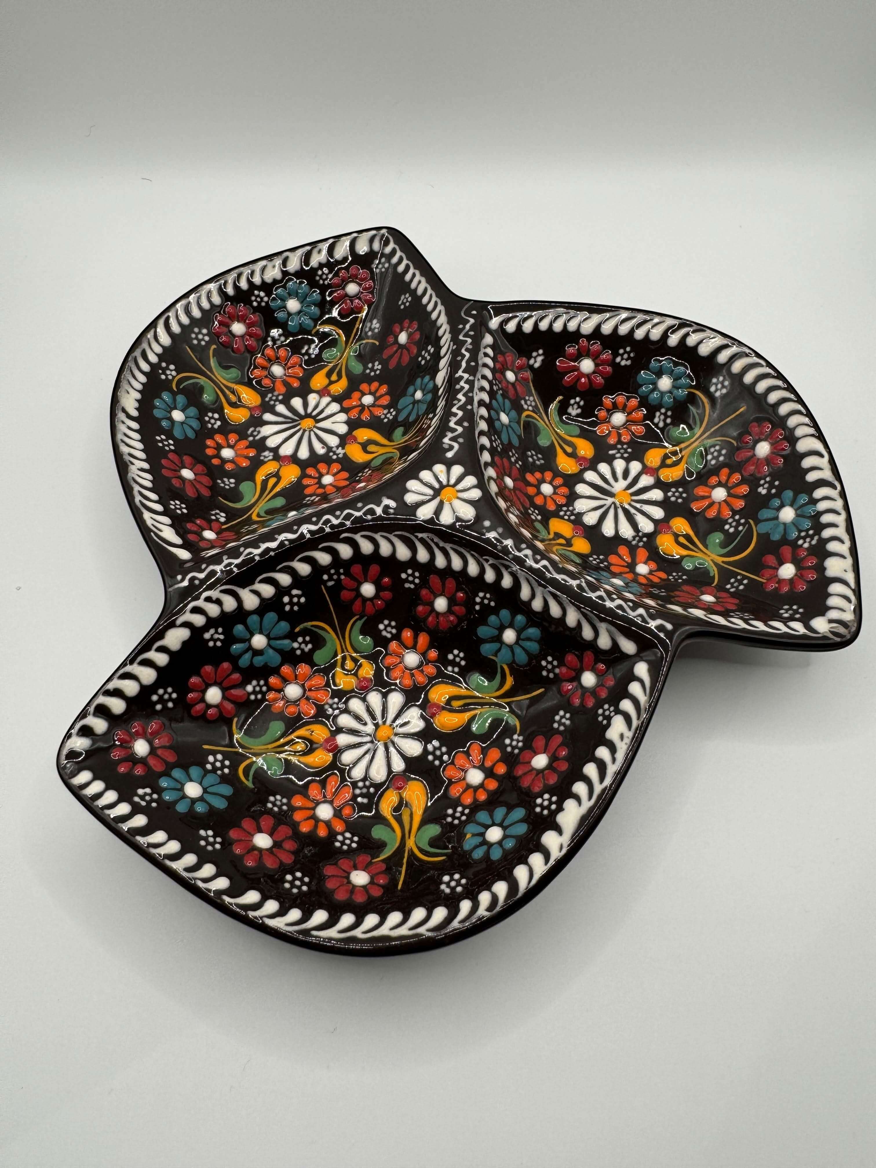 Handmade Turkish Ceramic 3-Section Serving Dish – Floral Appetizer & Snack Plate