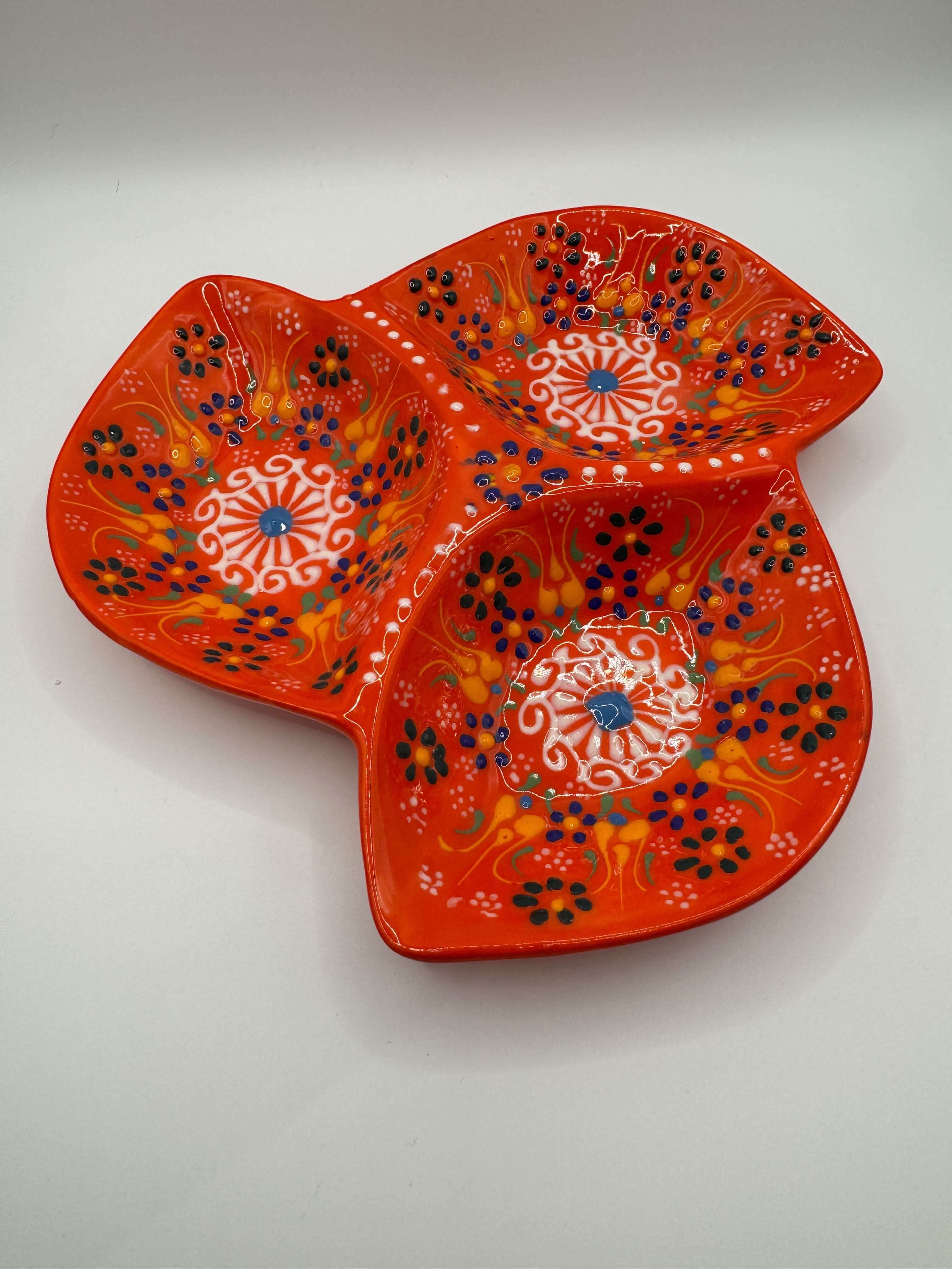 Handmade Turkish Ceramic 3-Section Serving Dish – Floral Appetizer & Snack Plate