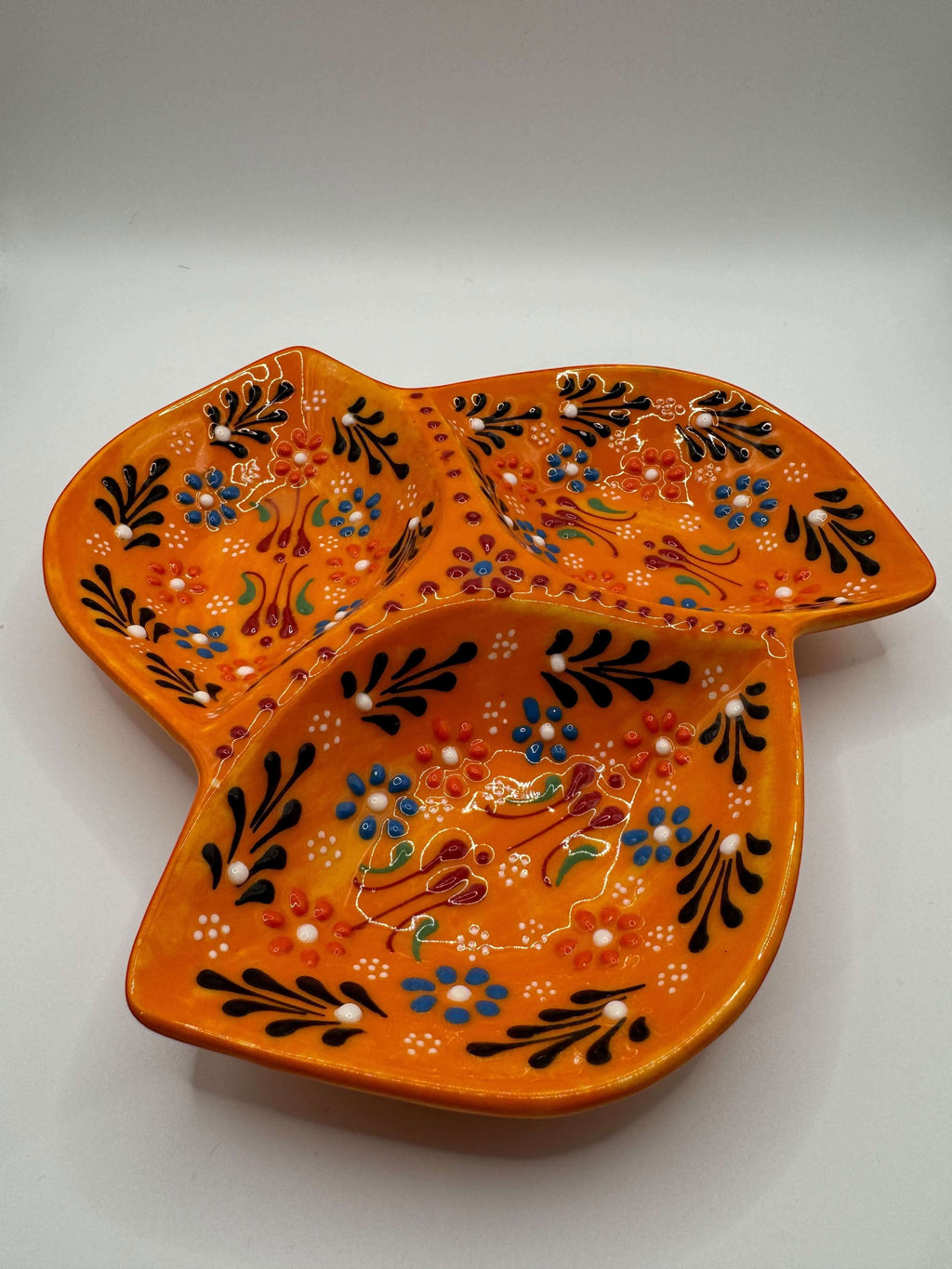 Handmade Turkish Ceramic 3-Section Serving Dish – Floral Appetizer & Snack Plate