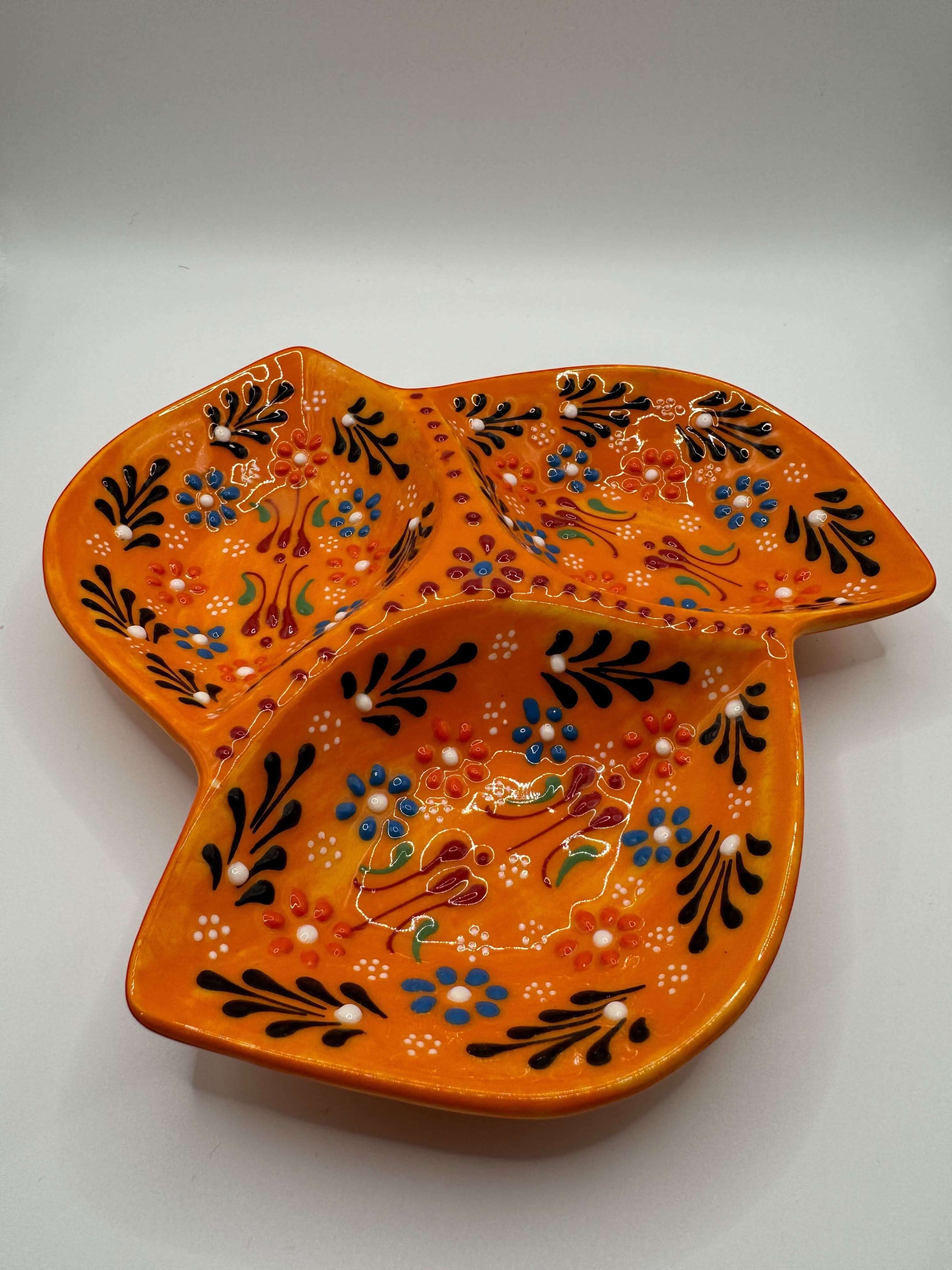 Handmade Turkish Ceramic 3-Section Serving Dish – Floral Appetizer & Snack Plate