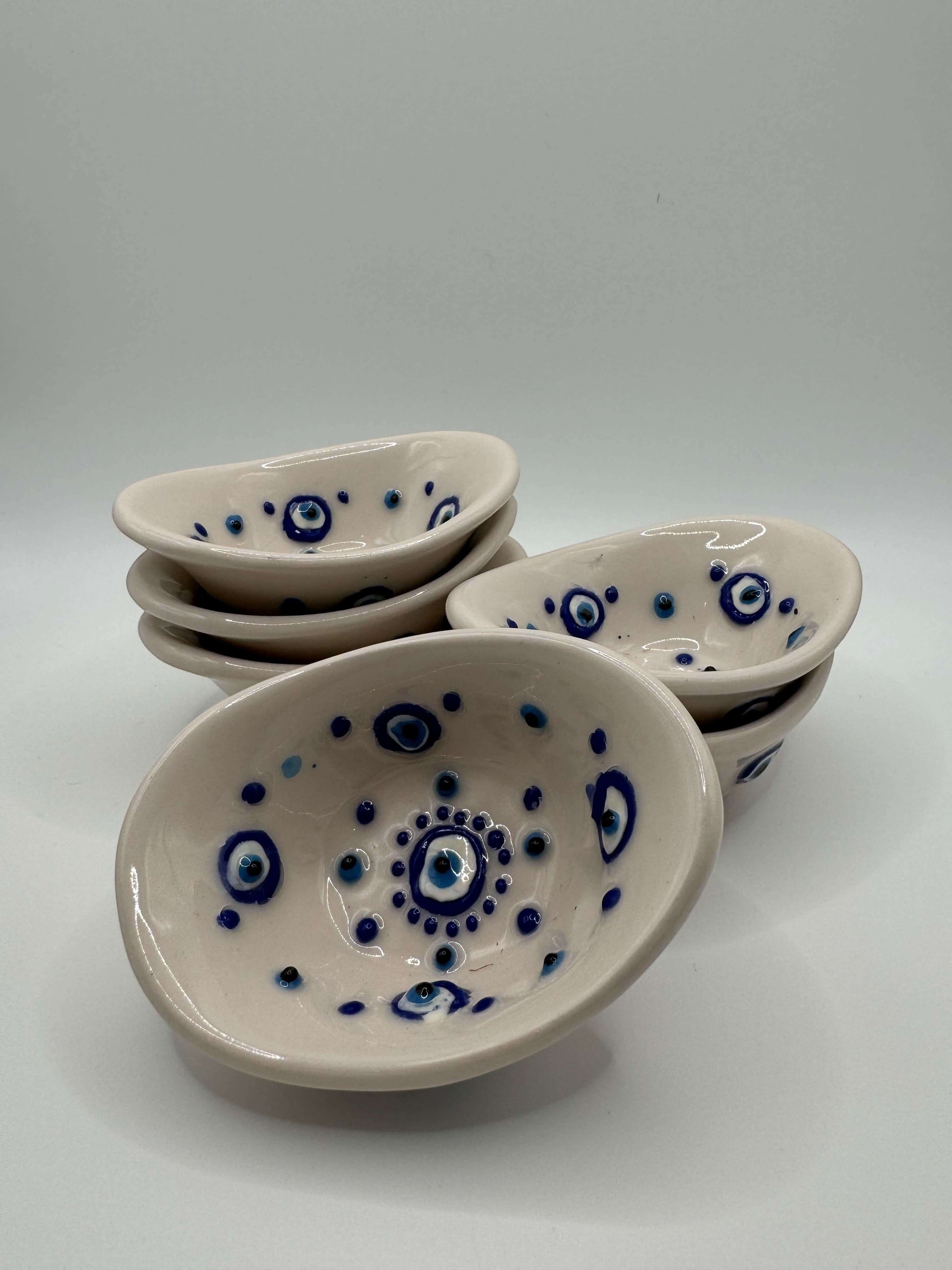 Handmade Turkish Ceramic Evil Eye Bowls – White & Blue Snack and Dip Dishes (Set of 6)