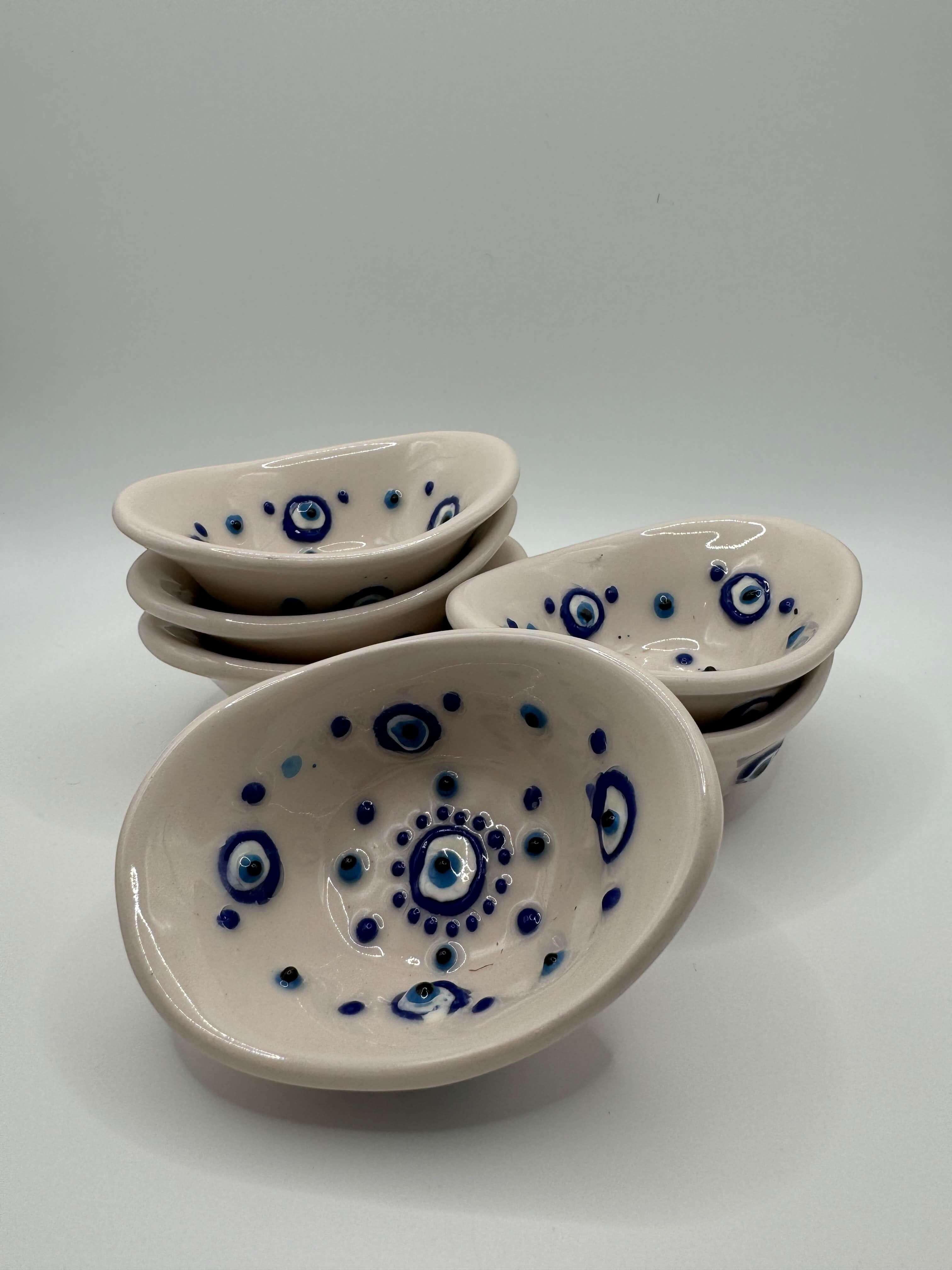 Handmade Turkish Ceramic Evil Eye Bowls – White & Blue Snack and Dip Dishes (Set of 6)