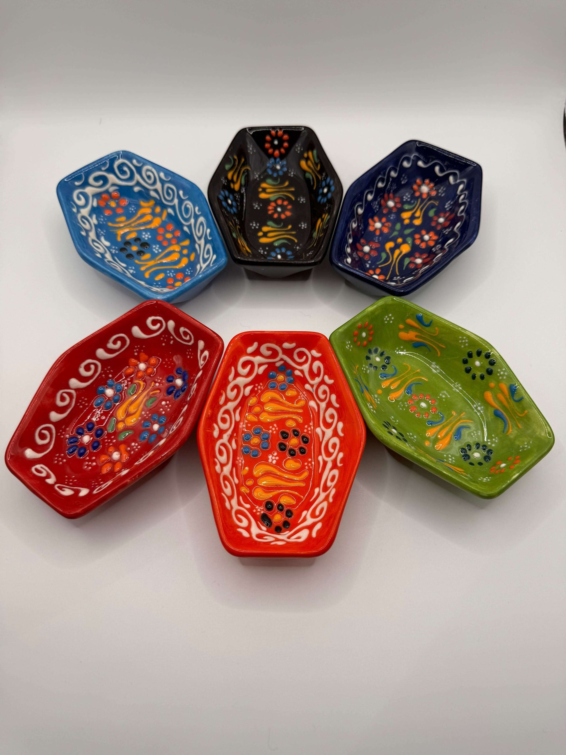 Handmade Turkish Ceramic Hexagon Bowls – Colorful Snack & Serving Dishes (Set of 6)