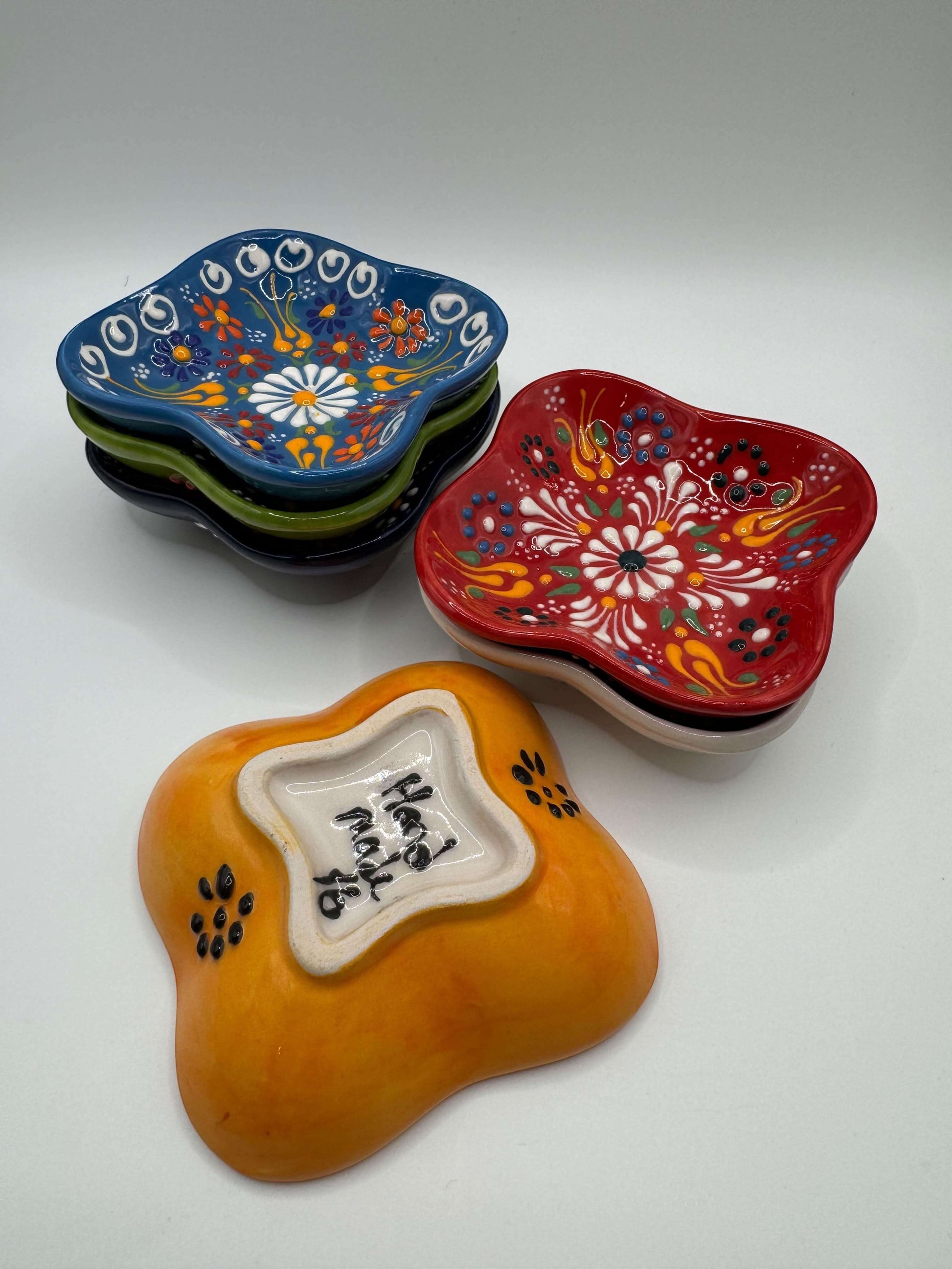 Handmade Turkish Ceramic Square Bowls – Colorful Floral Snack & Dip Dishes (Set of 6)
