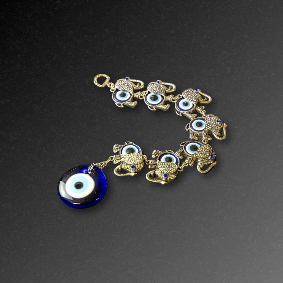 Hanging Evil Eye with 7 Elephants (Silver)