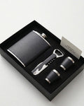 Hip Flask Gift Set with Shot Glasses and Corkscrew neatly arranged in an elegant black box.