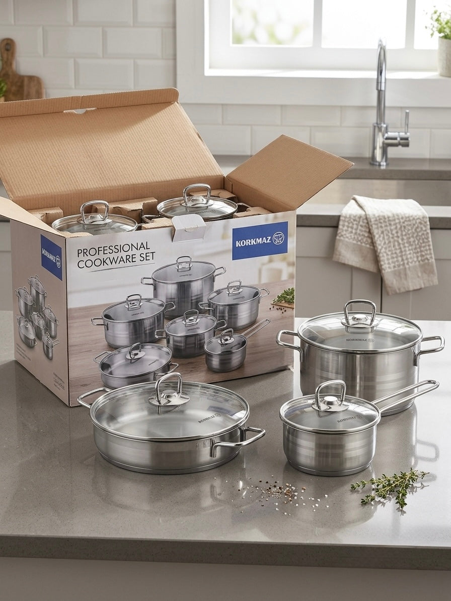 Korkmaz Astra Premium 18/10 Stainless Steel Cookware Set | Induction Ready displayed in a kitchen setting.