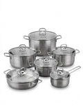 Korkmaz Astra Premium 18/10 Stainless Steel Cookware Set | Induction Ready with various pots and pans arranged mutually.