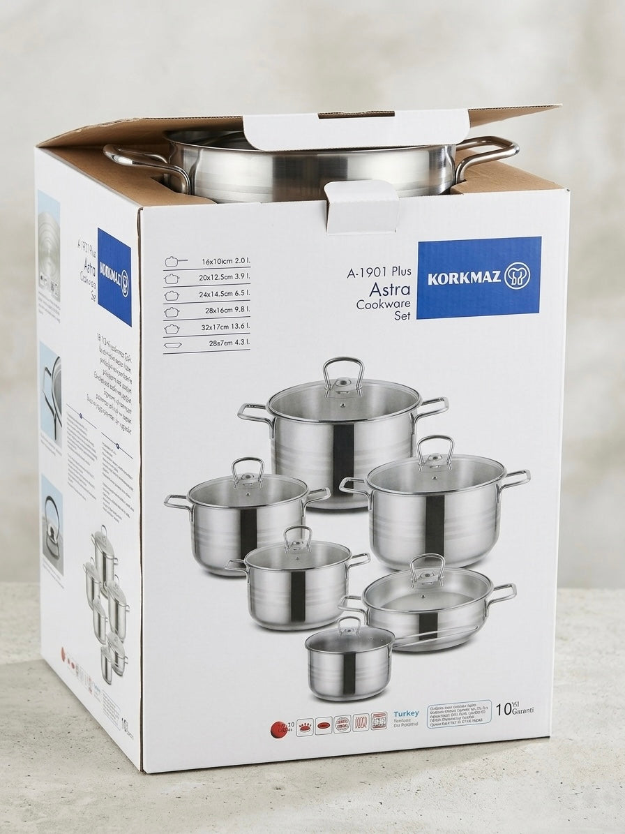 Korkmaz Astra Premium 18/10 Stainless Steel Cookware Set | Induction Ready packaging and product display.