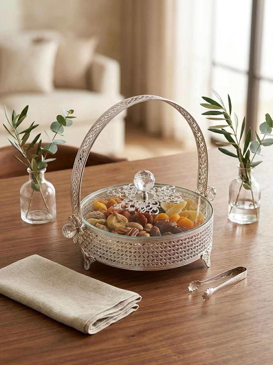 Elegant Silver Mirrored Serving Basket with Crystal Lid