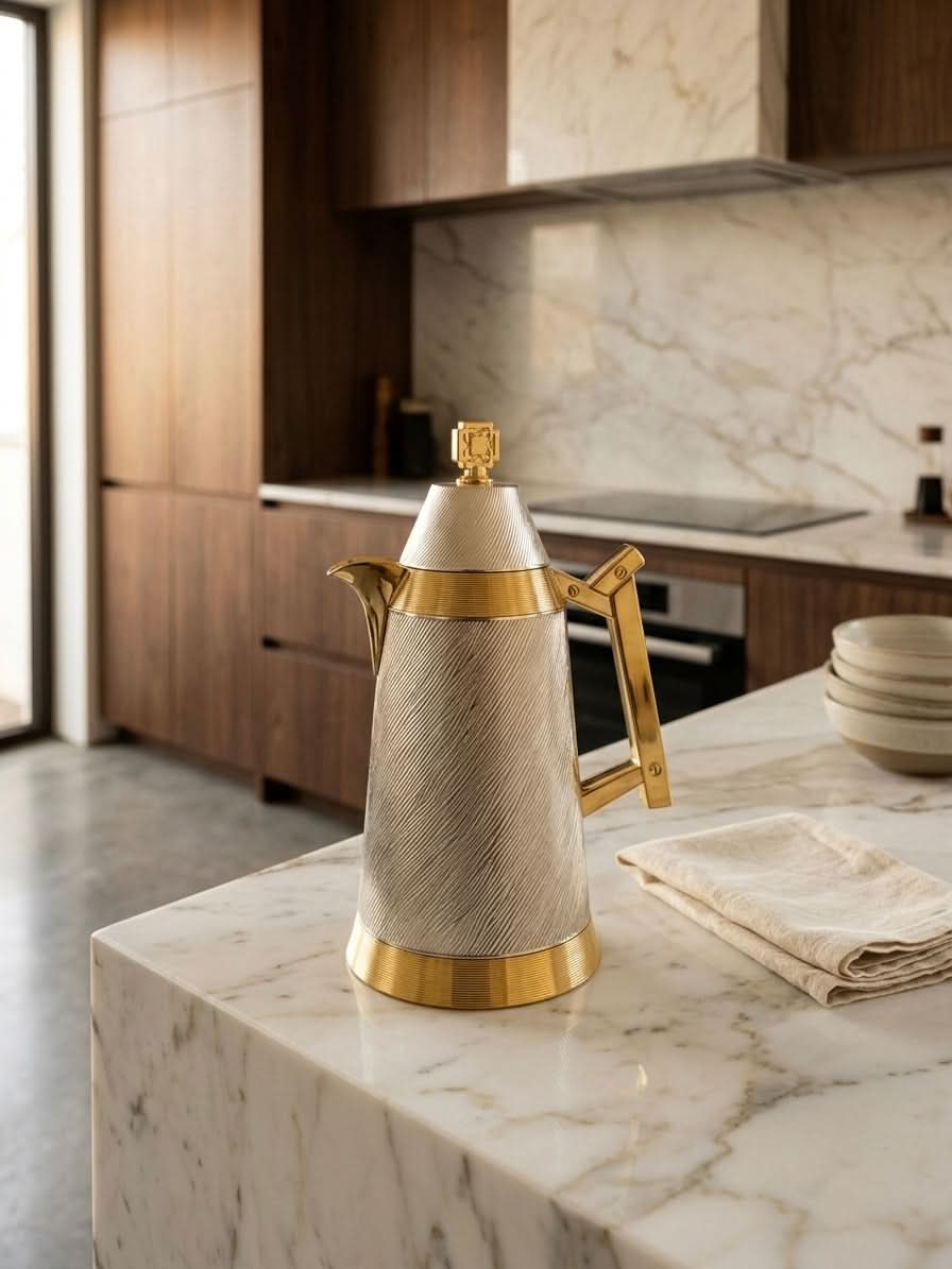 Premium Textured Gold & Silver Thermal Carafe | Luxury Insulated Thermos 1L