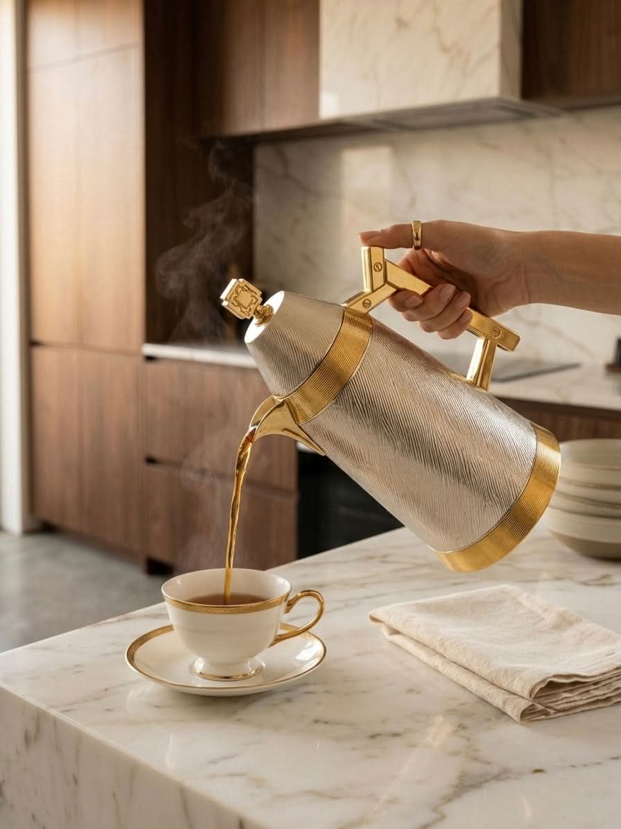 Premium Textured Gold & Silver Thermal Carafe | Luxury Insulated Thermos 1L