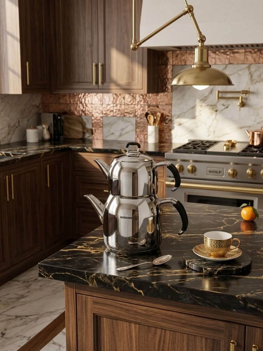 Korkmaz A-1637 Premium Stainless Steel Double Kettle & Tea Pot (1.2L + 2.2L)