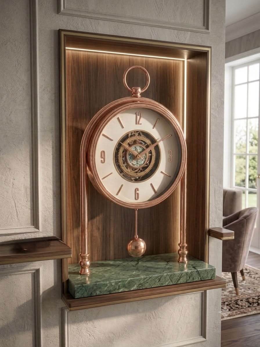 Elegance Rose Gold & Green Marble Table Clock – Skeleton Dial (33x57 cm)