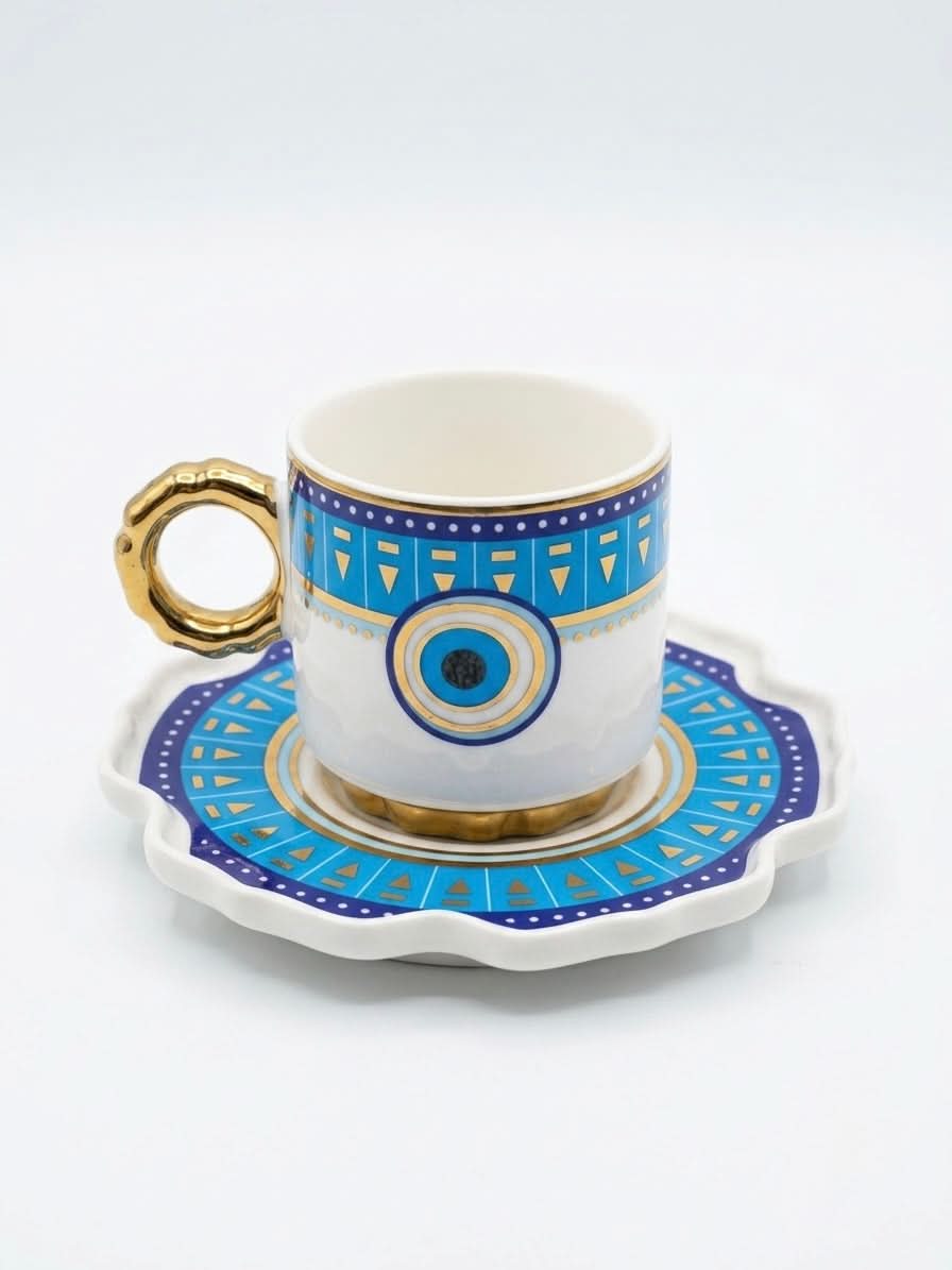 Premium Turkish Coffee Cups with Evil Eye (Set of 6)