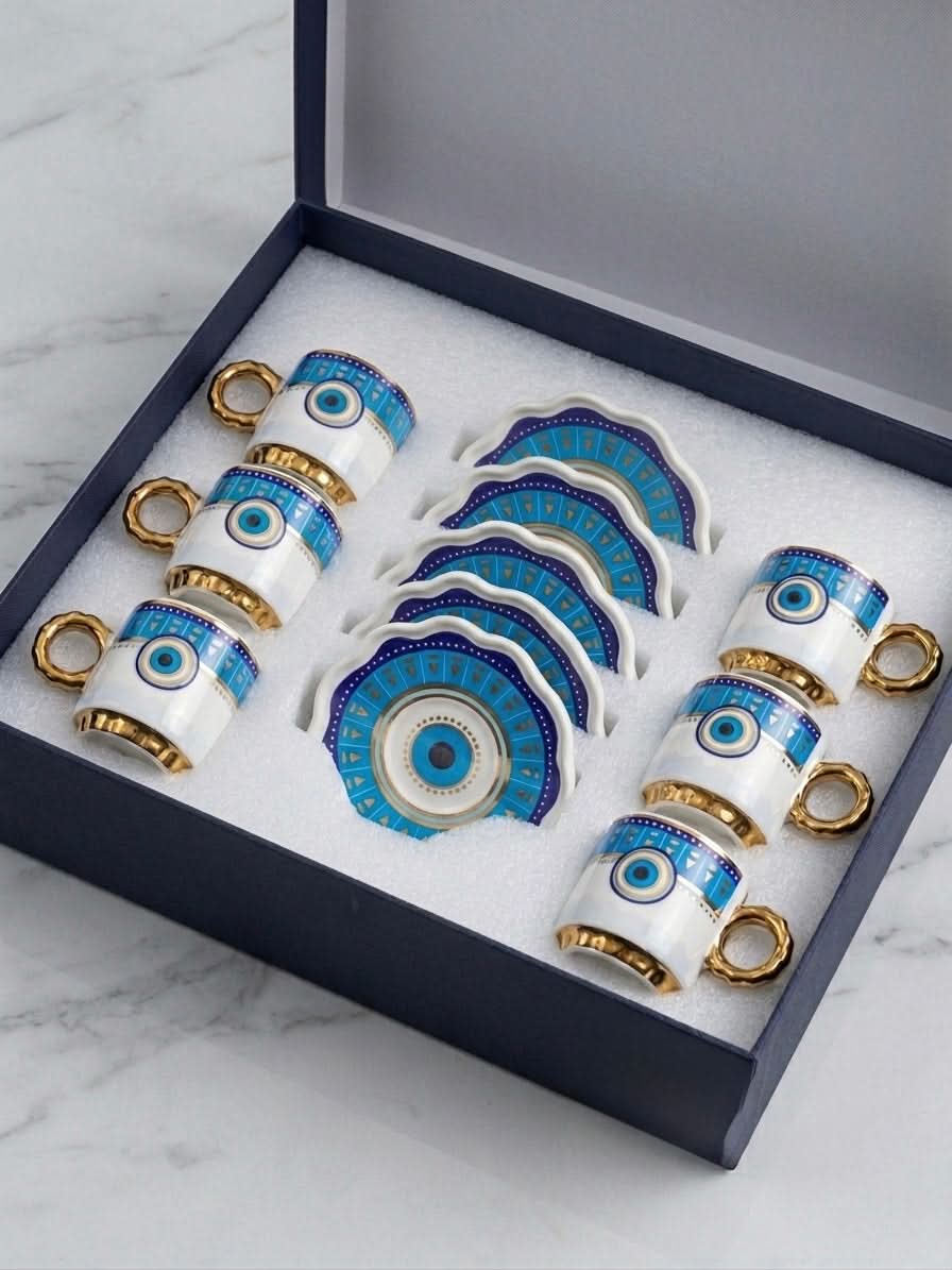 Premium Turkish Coffee Cups with Evil Eye (Set of 6)