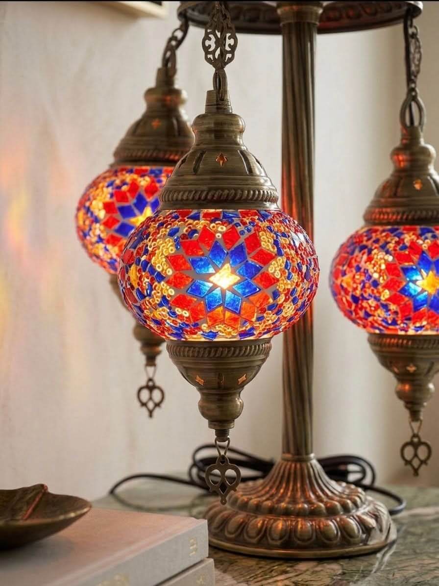 Handcrafted Turkish Mosaic 3-Globe Table Lamp – Vibrant Red, Blue & Orange