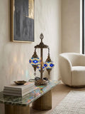Authentic 3-Globe Turkish Mosaic Table Lamp – Sapphire Blue & Multicolor Geometric