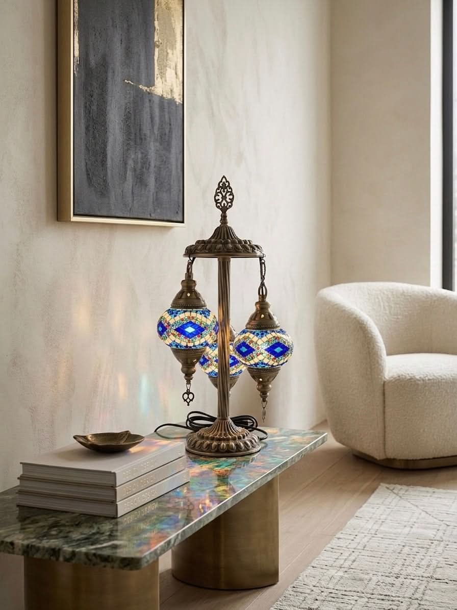 Authentic 3-Globe Turkish Mosaic Table Lamp – Sapphire Blue & Multicolor Geometric
