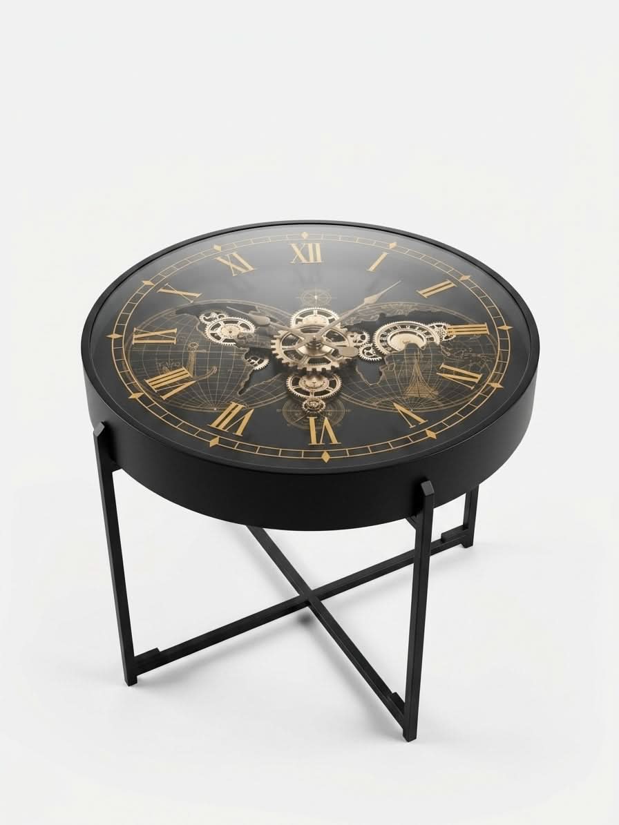 Luxury 60cm Round Gear Clock Coffee Table | Glass & Black Metal Statement Piece