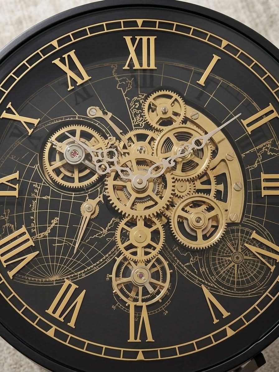 Luxury 60cm Round Gear Clock Coffee Table | Glass & Black Metal Statement Piece