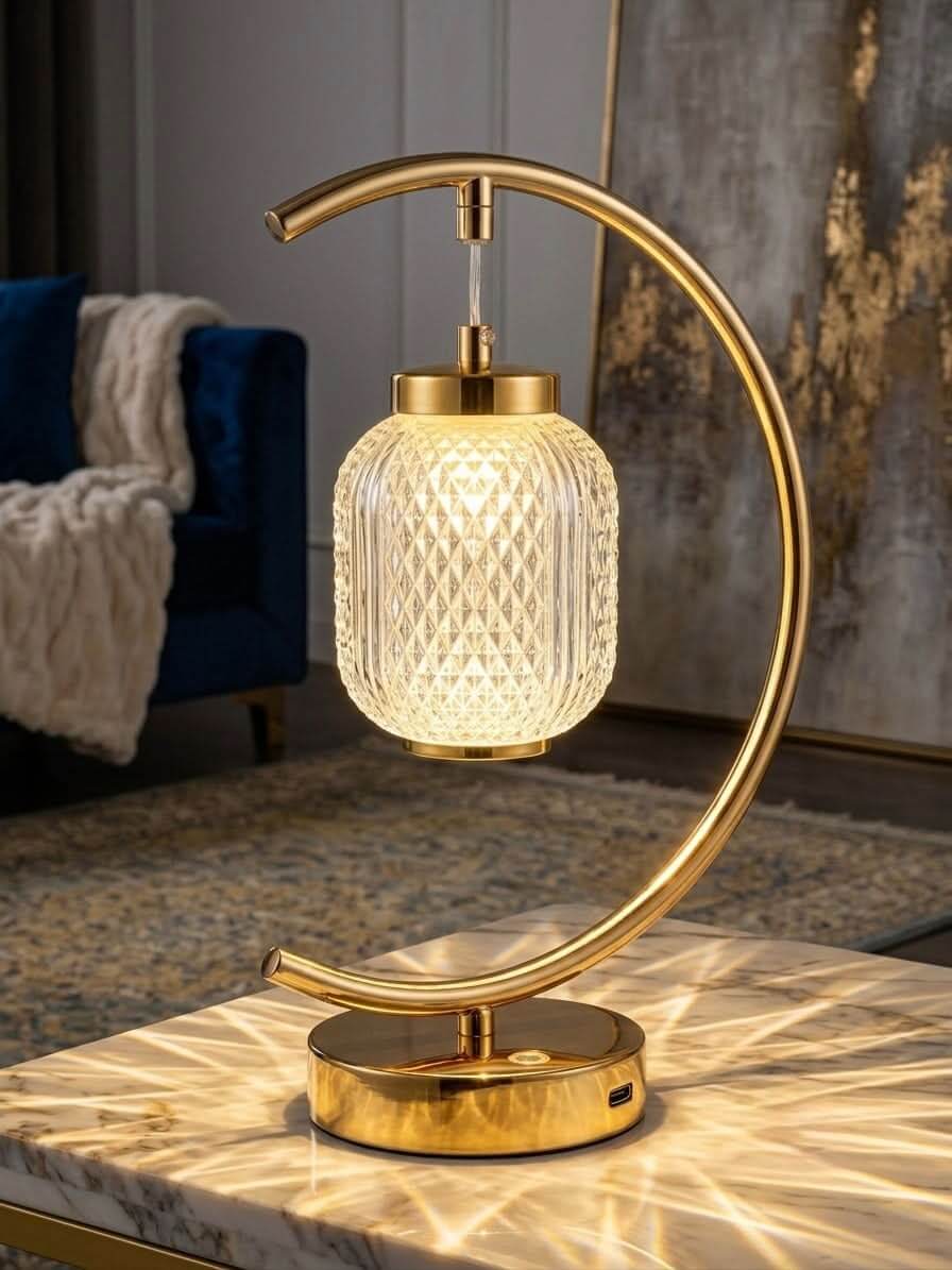 Luxury Gold Crystal Bedside Lamp | Rechargeable LED Table Light