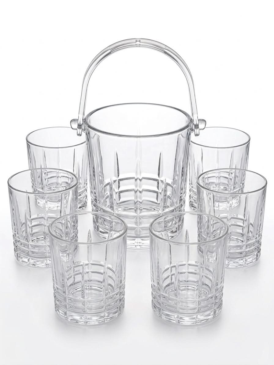 Premium 7-Piece Diamond Cut Whiskey Glass & Ice Bucket Set