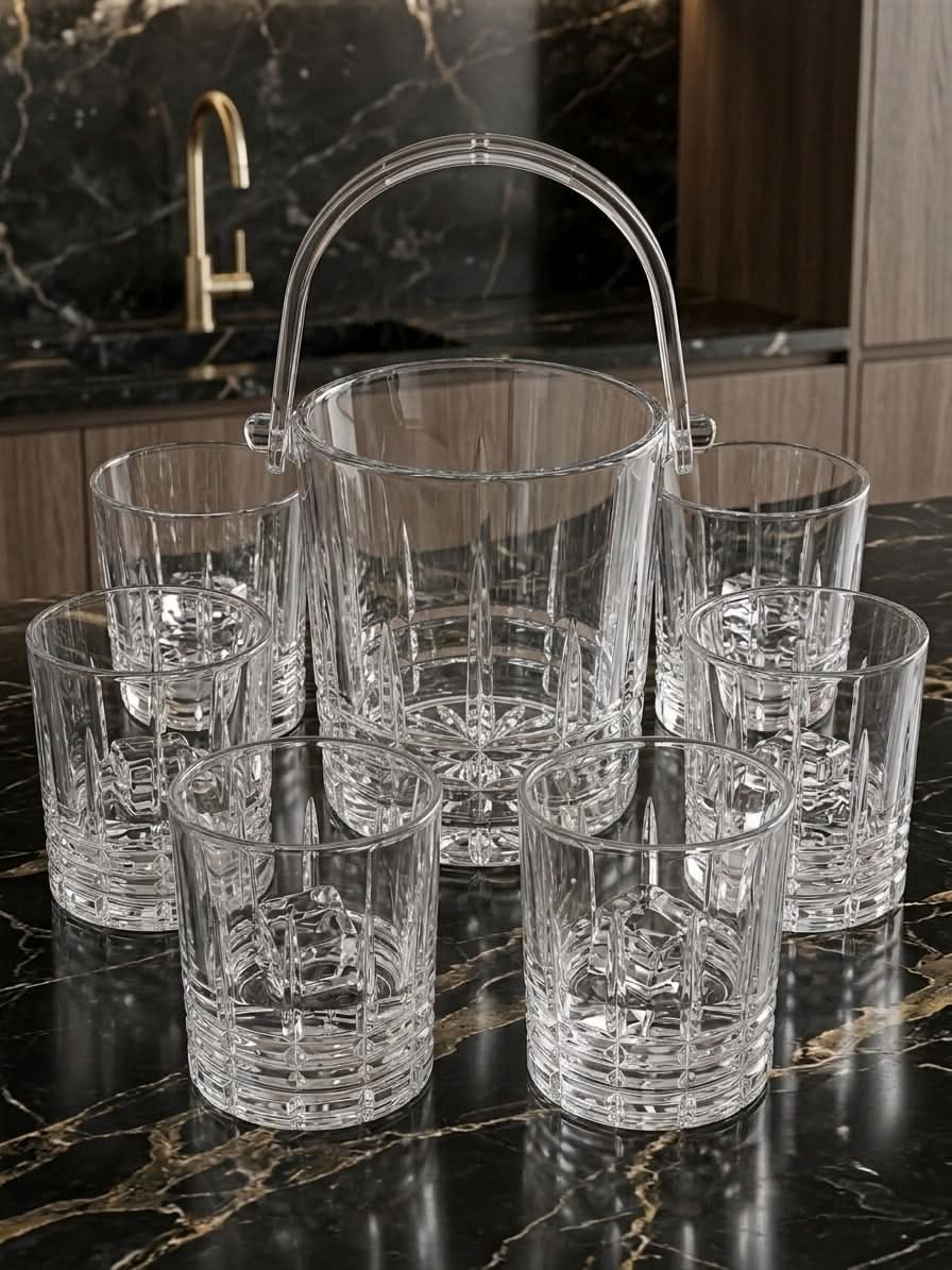 Premium 7-Piece Diamond Cut Whiskey Glass & Ice Bucket Set