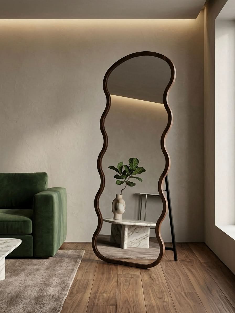 Wavy Full-Length Floor Mirror – Wood Finish (163cm x 64cm)