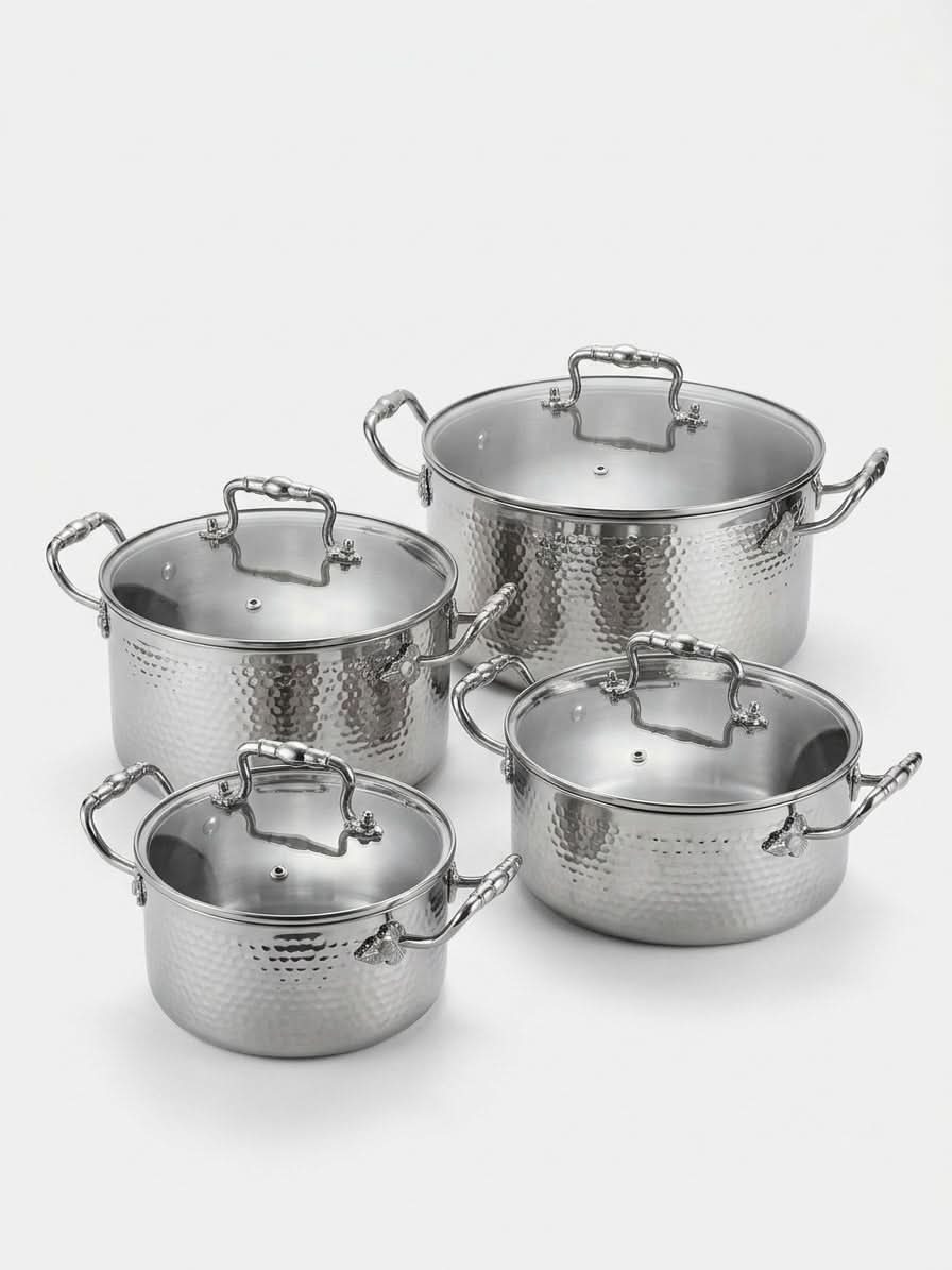 Premium 4-Piece Hammered Stainless Steel Cookware & Soup Pot Set