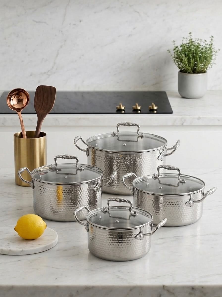 Premium 4-Piece Hammered Stainless Steel Cookware & Soup Pot Set