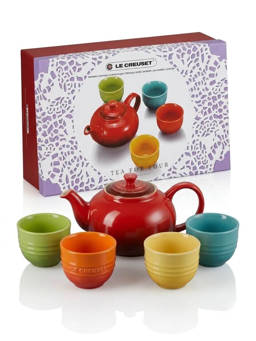 Product Title: Premium Le Creuset Tea For Four Set | Classic Stoneware Tea Pot & 4 Colorful Cups