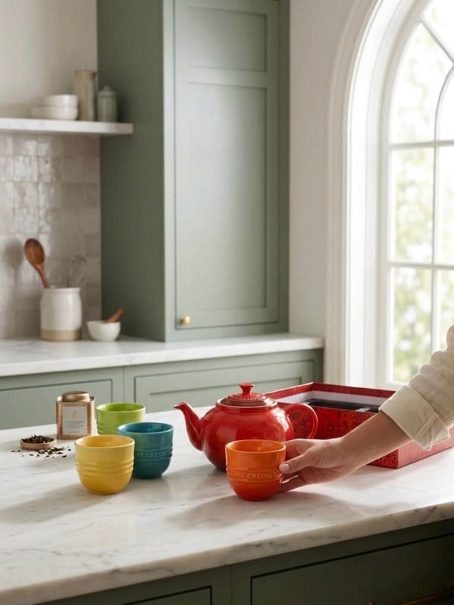 Product Title: Premium Le Creuset Tea For Four Set | Classic Stoneware Tea Pot & 4 Colorful Cups