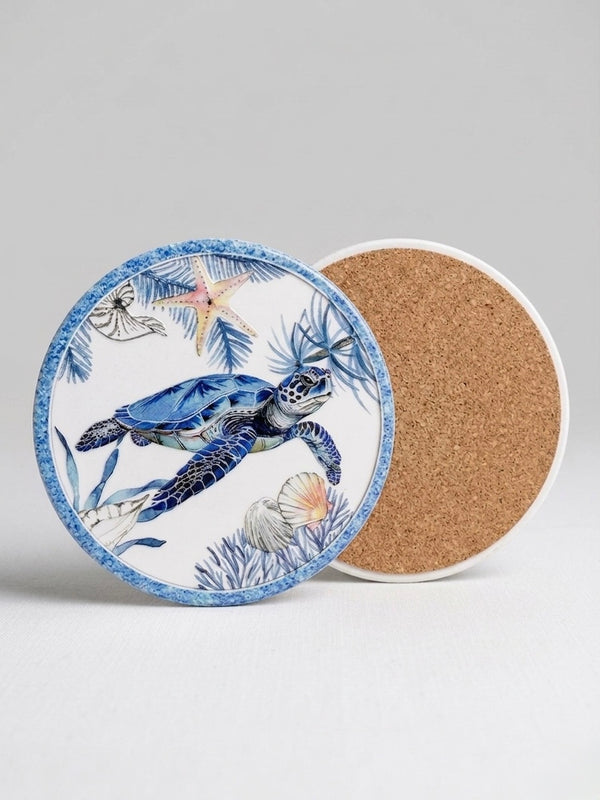 Ocean Turtle Ceramic Coaster – 10cm Round Cork Base