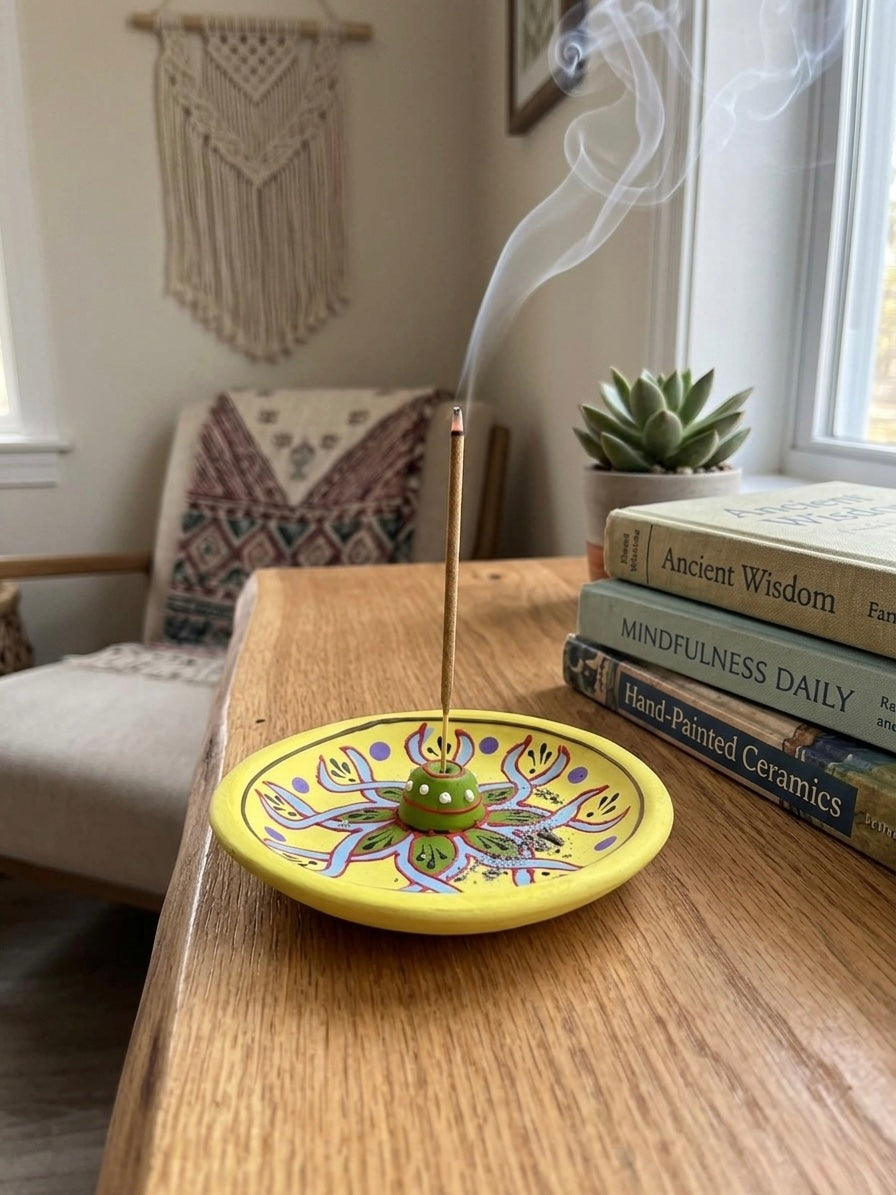 Yellow Floral Incense Stick Holder – 12.5cm Round