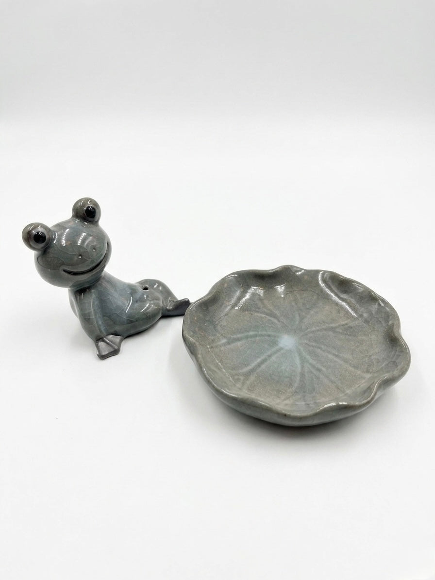 Grey Frog Incense Stick Holder with Bowl