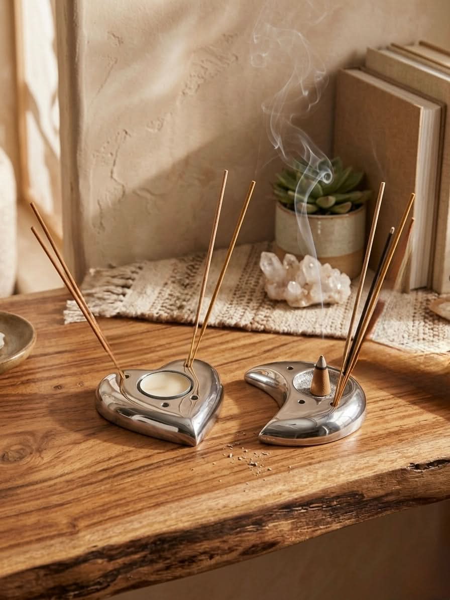 Silver Heart & Moon Incense Holder 4.5x3.5cm
