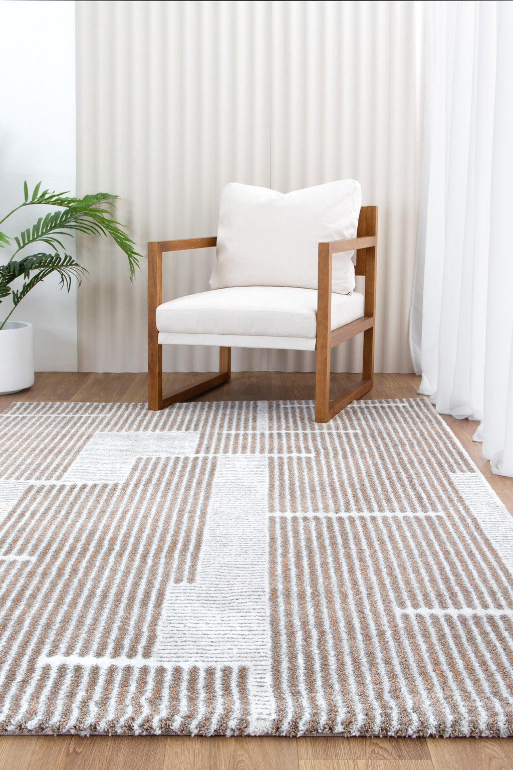 Indulgence Geo Lines Beige Grey Rug - INDU002 styled with furniture