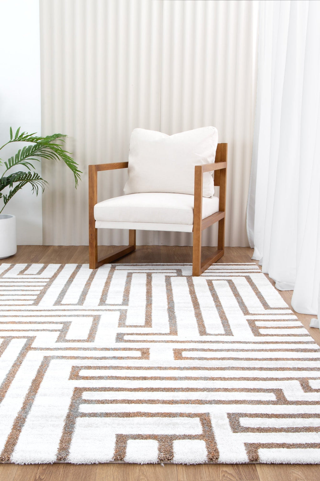 Indulgence Maze Cream Rug - INDU003 styled with furniture