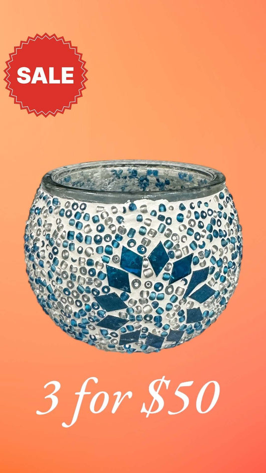 Icy Elegance Mosaic Candle Holder-Elevate your decor with the Icy Elegance Mosaic Candle Holder. Cool tones for a sleek look. Buy 3 for $50 today!-Bazaar G Rugs N Gifts