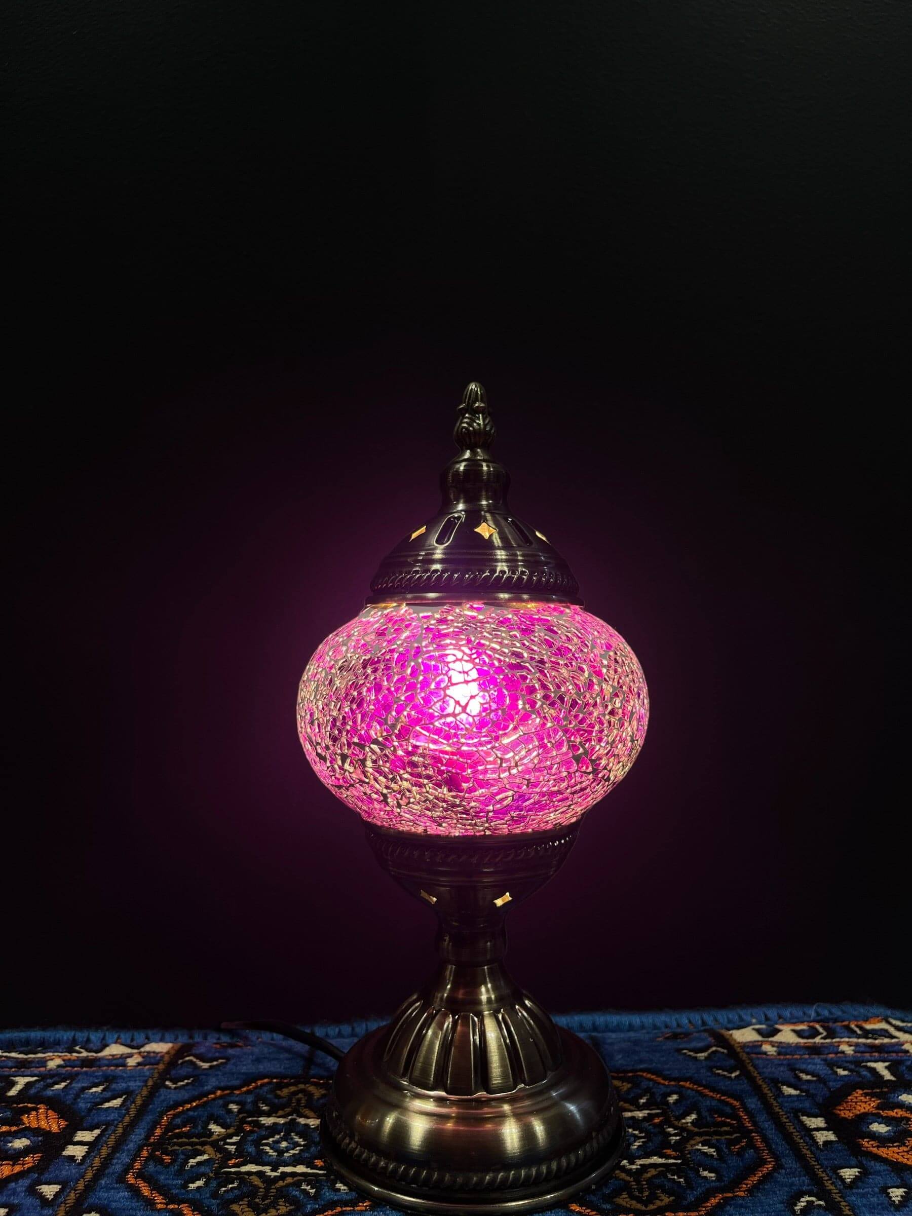 Mosaic Table Lamp featuring vibrant purple crackle design and traditional Turkish styling on a decorative table.