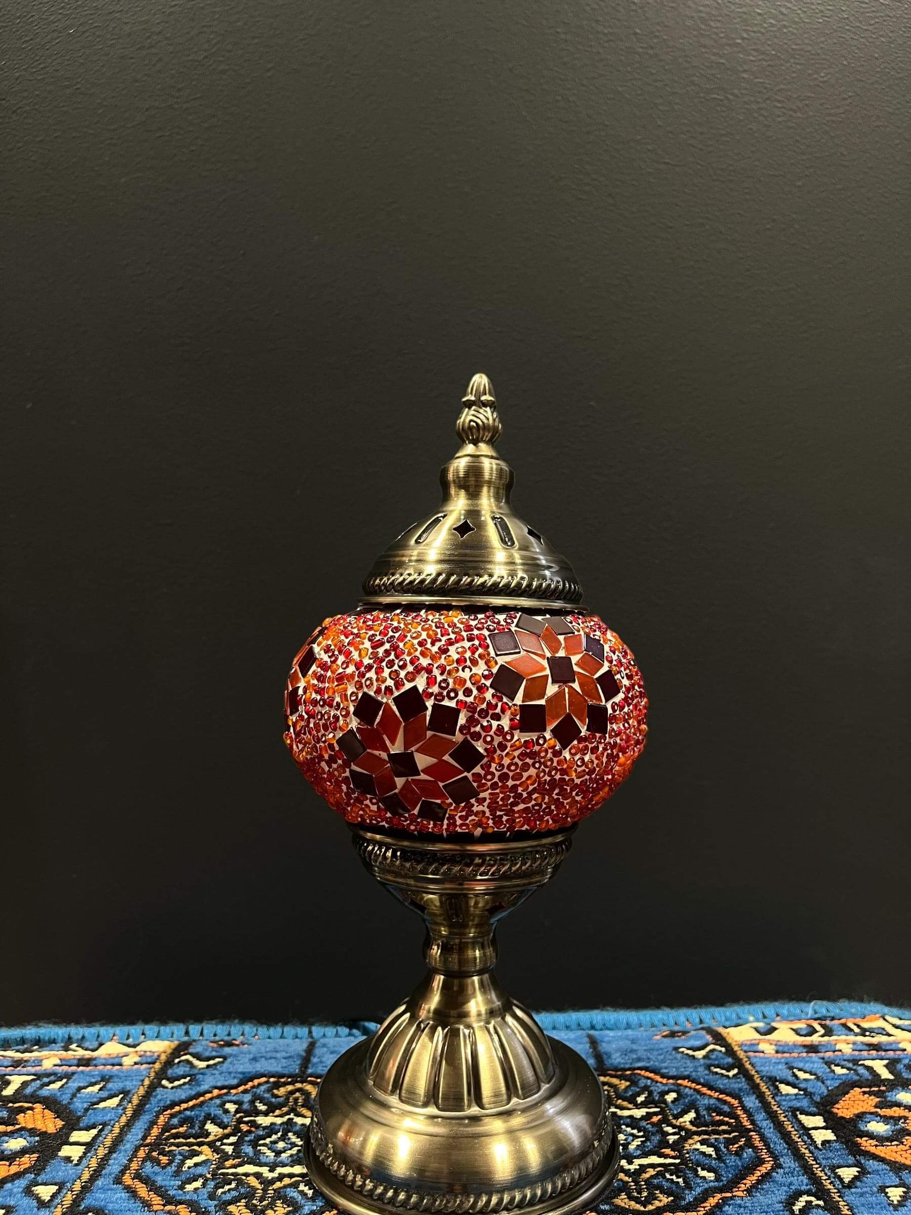 Mosaic Table Lamp with orange flower design, featuring vibrant glass mosaic on a classic base.