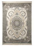 Isfahan Rug 200 x 290 cm showcasing intricate Persian design with central medallion in ivory, blue, and grey colors.