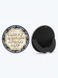 Islamic Calligraphy Decorative Plate featuring Surah Al-Ikhlas in gold Arabic script with a blue rim and floral border.