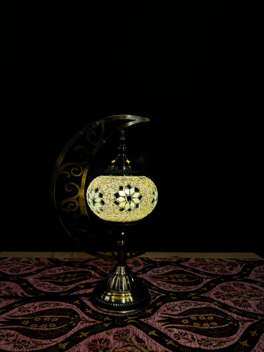 Ivory Elegance Turkish Mosaic Lamp - Crescent Moon Design-Shop the elegant Ivory Elegance Turkish Mosaic Lamp with pearl white and gold mosaics. Includes LED bulb, crescent moon design, 30cm x 25cm. Perfect for decor or gifting. Buy now!-Bazaar G Rugs N G