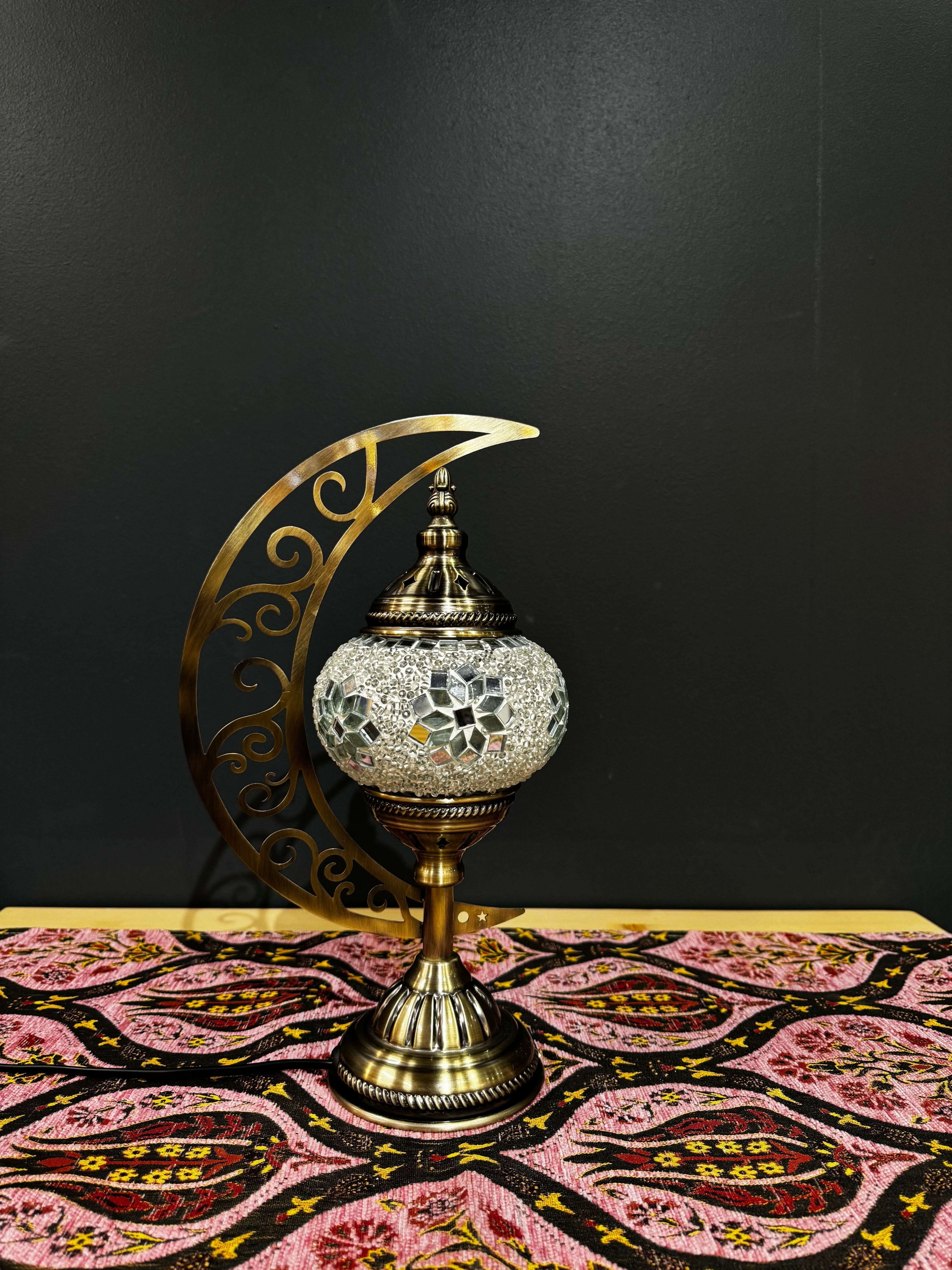Ivory Elegance Turkish Mosaic Lamp - Crescent Moon Design