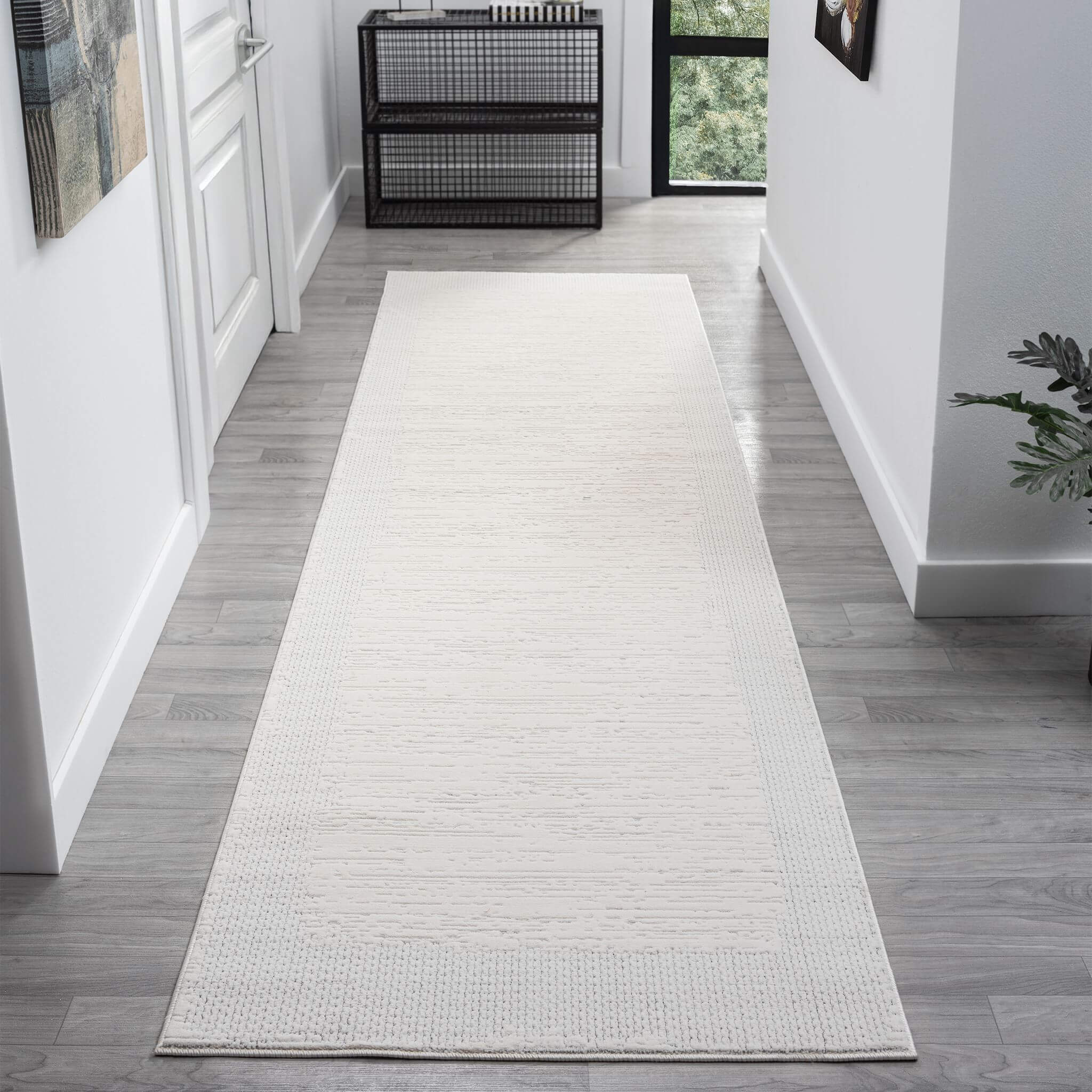 Ivory Hallway Runner Rug with plush, non-shed pile and all-side binding. Power-loomed in Türkiye for durable, easy-care style in busy corridors.