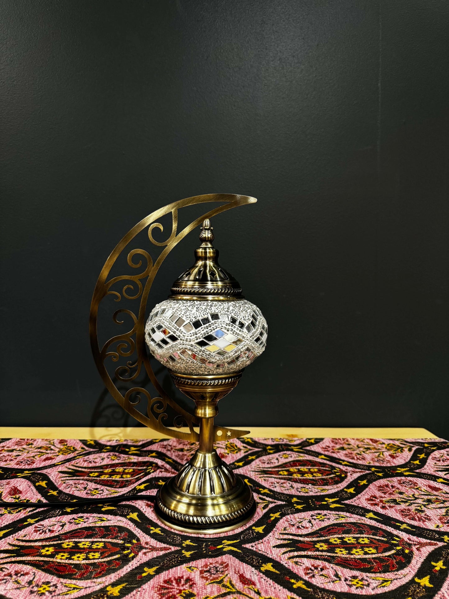 Ivory Wave Turkish Mosaic Lamp - Crescent Moon Design-Shop the Ivory Wave Turkish Mosaic Lamp! Features pristine white and clear wave-patterned mosaic glass with a crescent moon stand. Includes LED bulb. Perfect for decor or gifting.-Bazaar G Rugs N Gifts