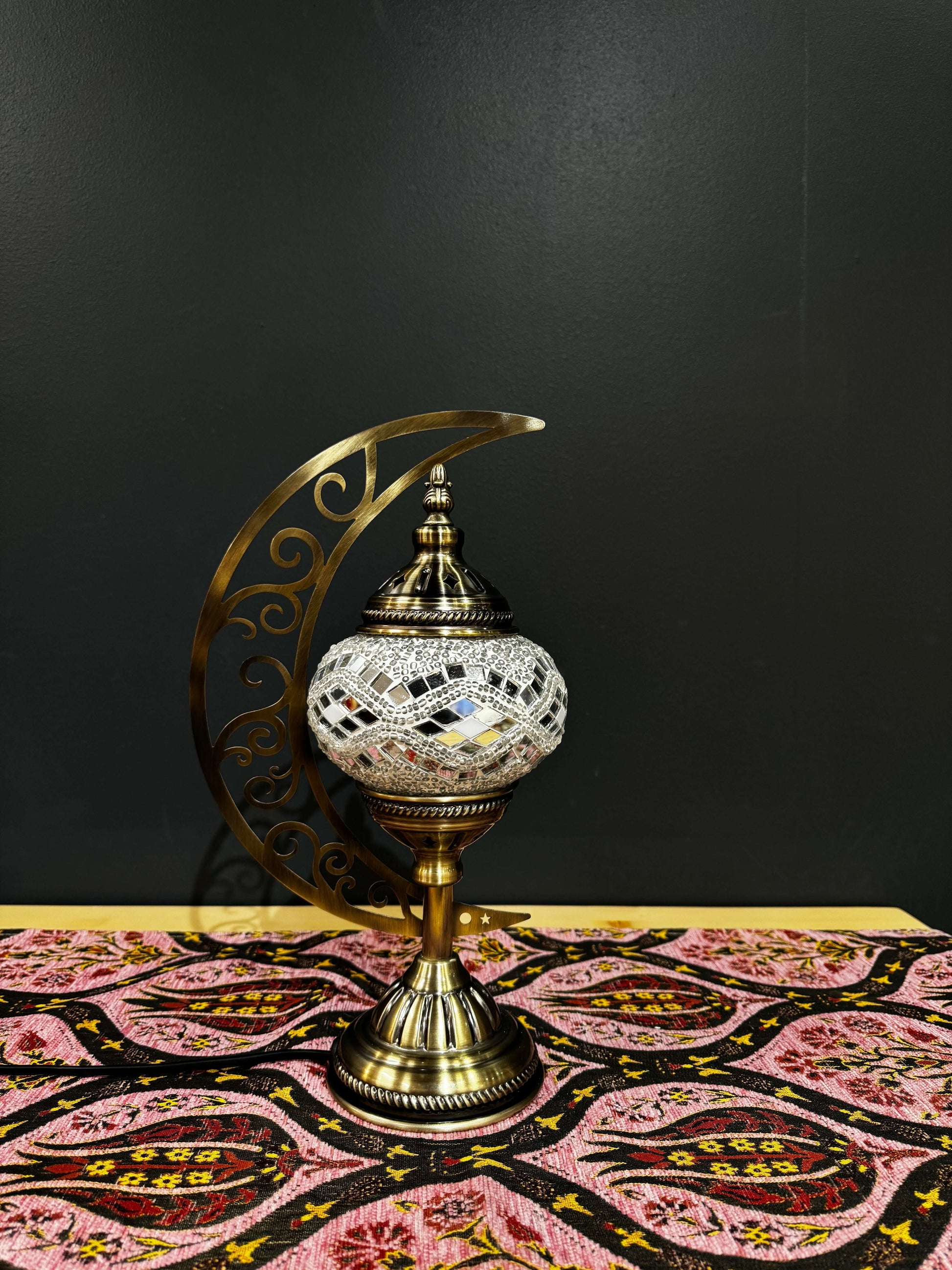 Ivory Wave Turkish Mosaic Lamp - Crescent Moon Design-Shop the Ivory Wave Turkish Mosaic Lamp! Features pristine white and clear wave-patterned mosaic glass with a crescent moon stand. Includes LED bulb. Perfect for decor or gifting.-Bazaar G Rugs N Gifts