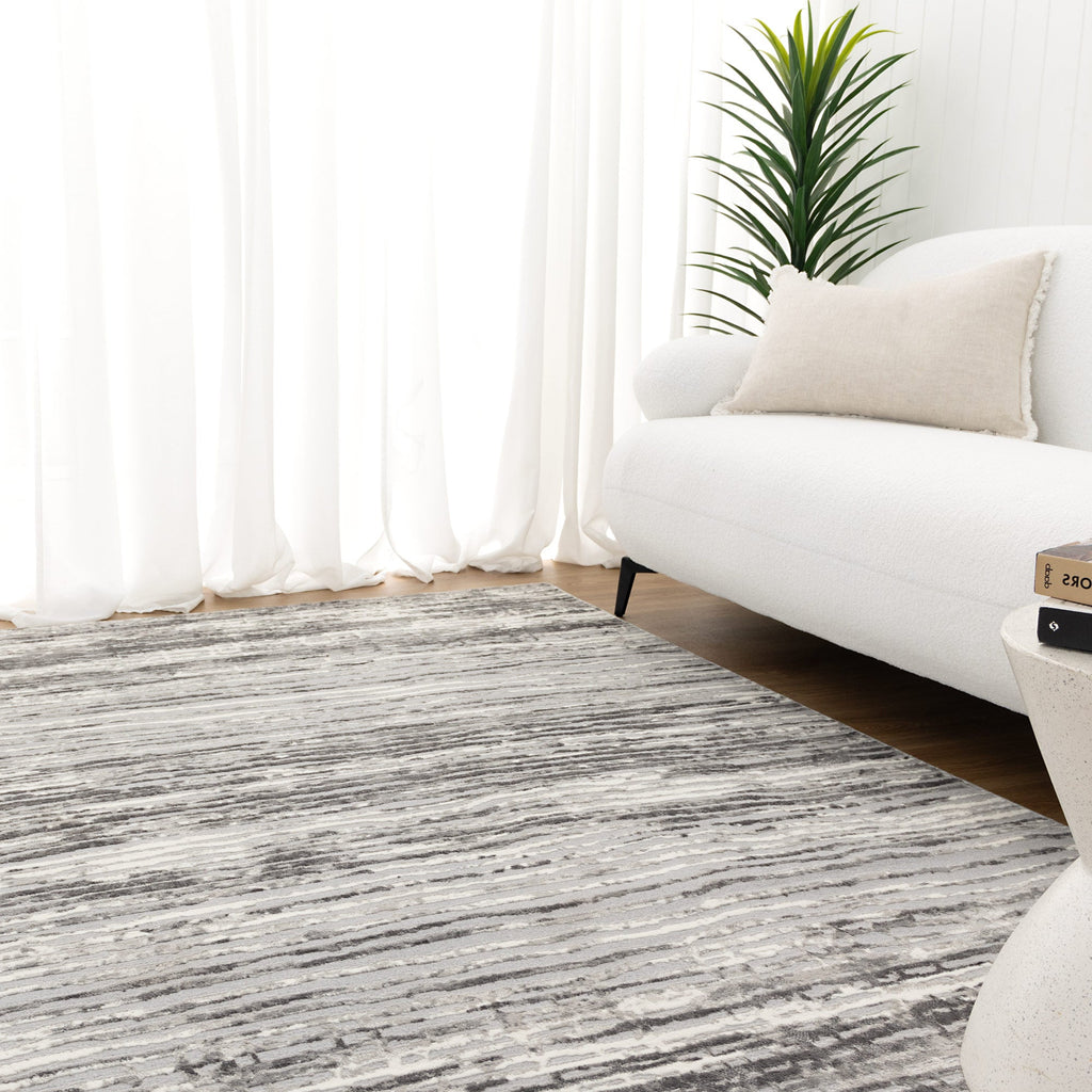 Jade Distressed Lines Grey Rug - JADE002 styled with furniture